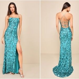 LULUS Prom Wedding Special Event Floral Sequins Lace Up Back Mermaid Gown •Small